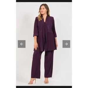 R & M Richards 3-Piece Glitter Jacket Top & Pants Set Plum Size 10
